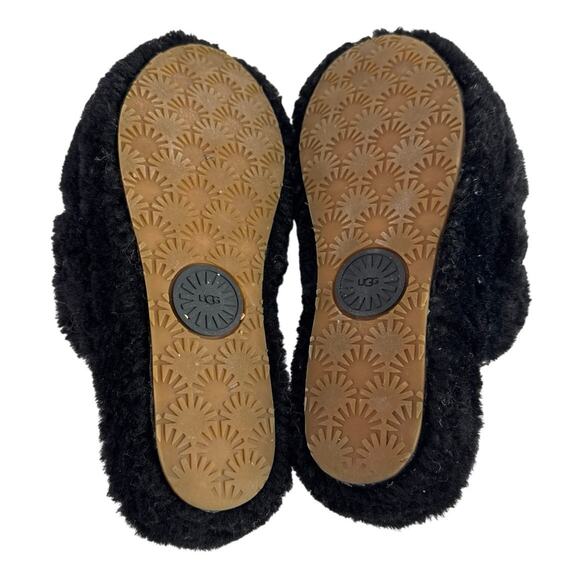 UGG Fluff Yeah Black Faux Fur Strap Logo Slingback Slippers Slides Sandals Sz 6 - Picture 4 of 8